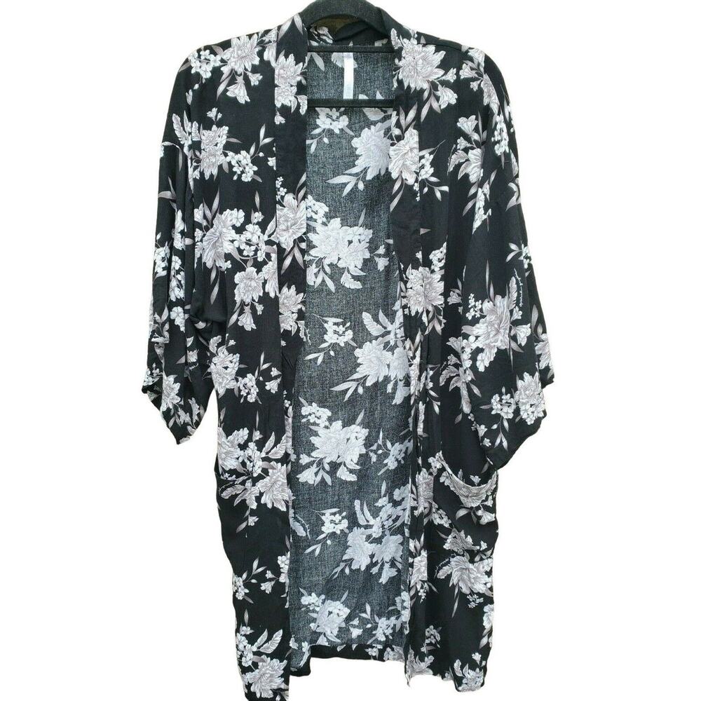 Spiritual Gangster Duster One Size‎ Womens Black Floral 1/2 Sleeve Tie Pockets
